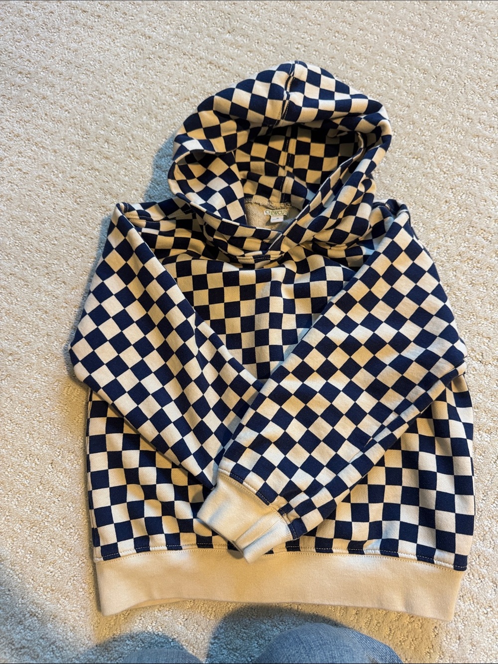 JCREW Boys Navy and Cream Checkered Hoodie Sweater